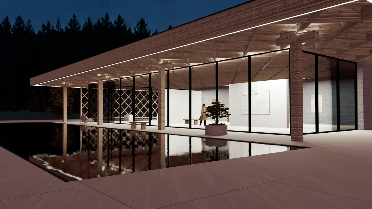 Dusk: the lit gallery beyond the pool