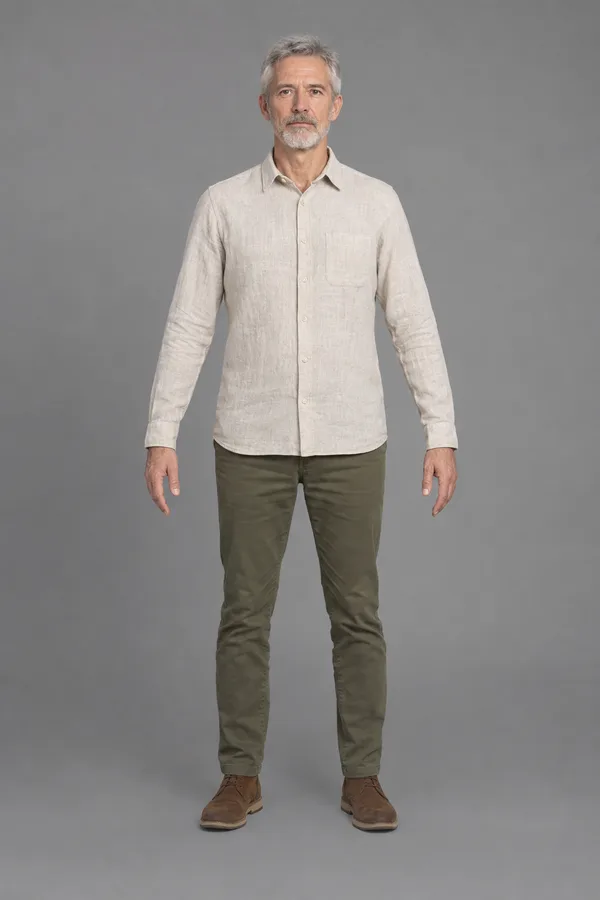 Concept of visitor B: an older man in an oatmeal linen overshirt and olive trousers, A-pose