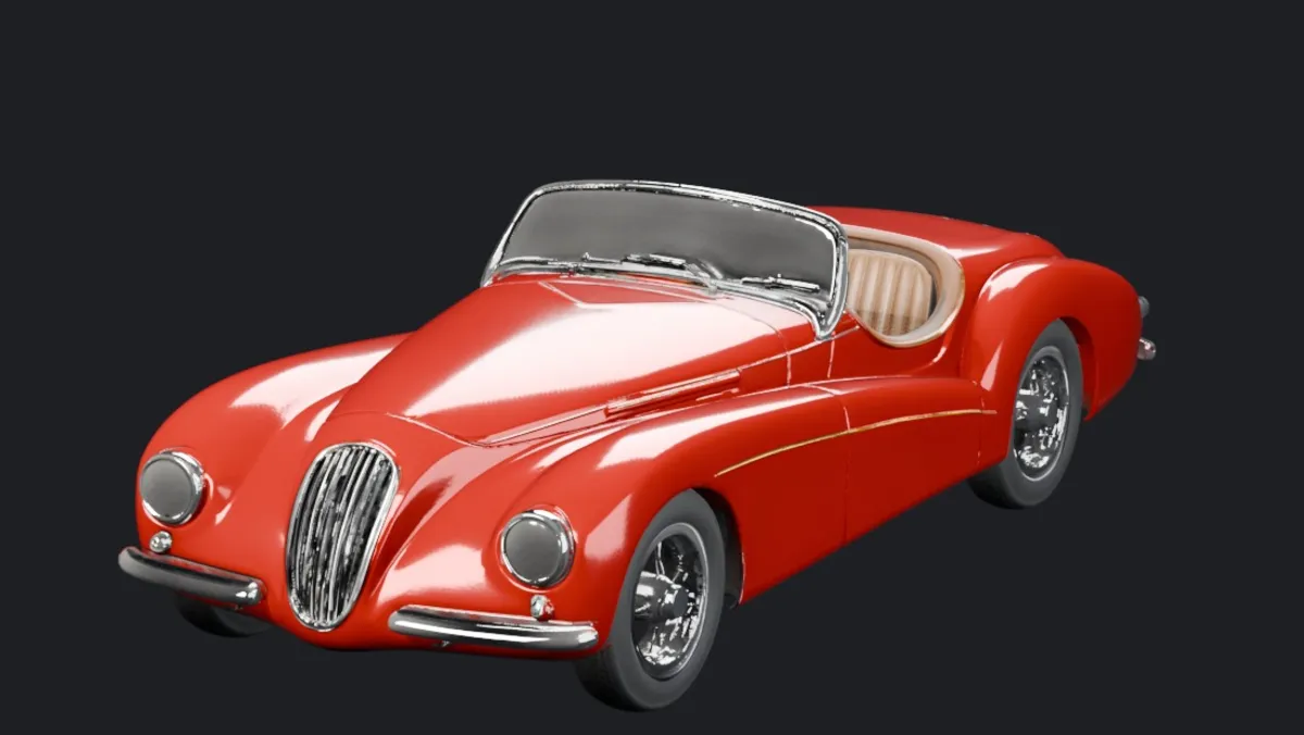 The textured 3D roadster on a dark background, three-quarter front view