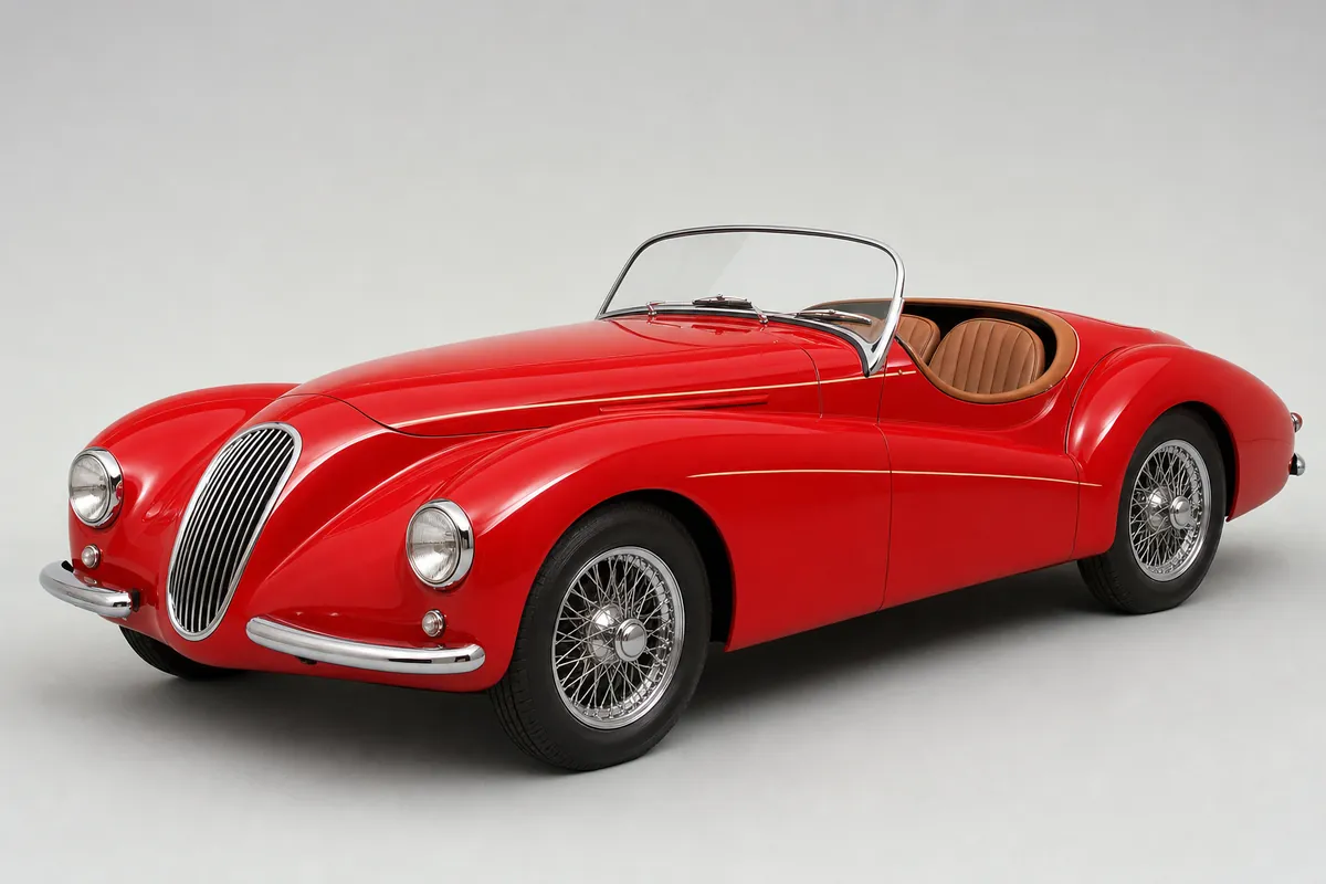 Concept render of an original red 1950s open roadster with chrome wire wheels, three-quarter front view on grey