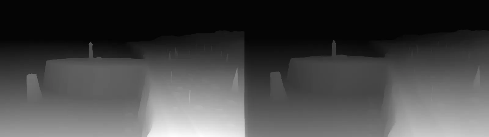 Two depth maps of frame 340, previs on the left and picture on the right: the lighthouse, sea stack, headland edge, road and cypresses sit in the same places