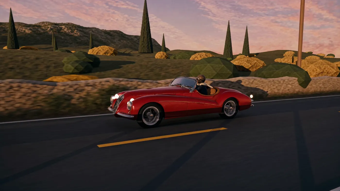 Seedance 2.0, frame 1: the roadster in profile, bushes still faceted and flat