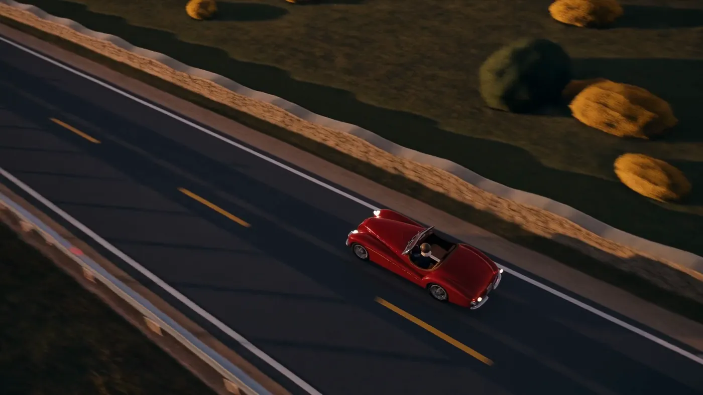 Seedance 2.0, frame 220: the car from above, the ground still looking like the previs