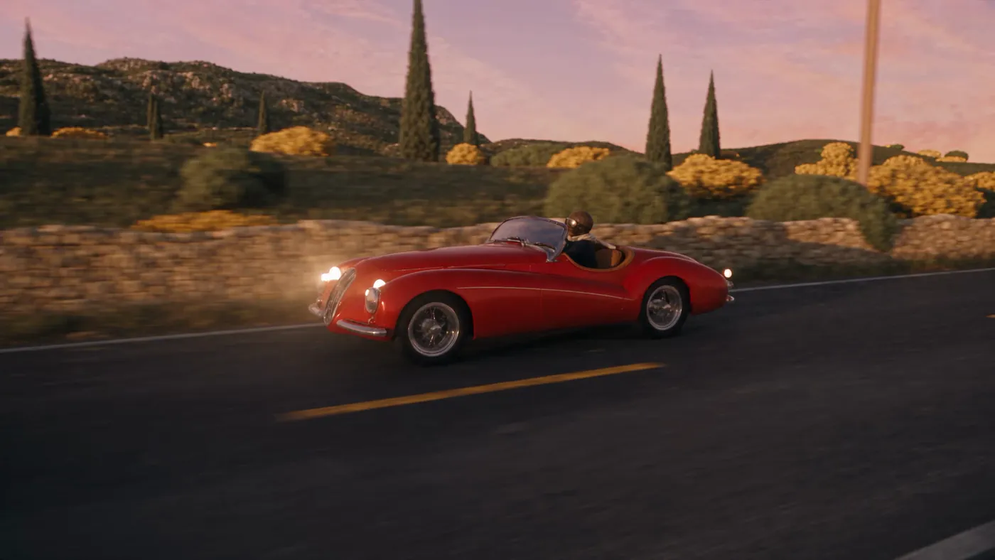Seedance 2.5, frame 1: the roadster in profile with real gorse, stone and grass