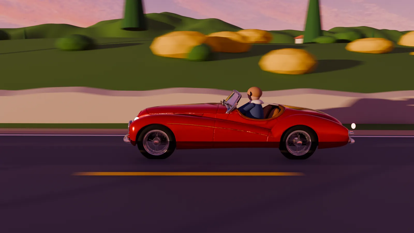 Blender previs frame 100: the red roadster in profile on a purple road, yellow blobs and green cones behind a beige band