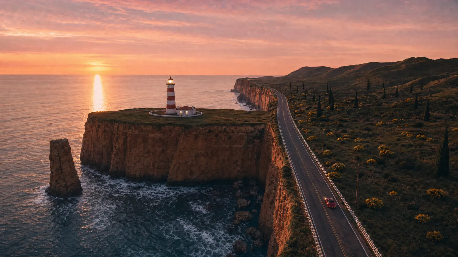 Style frame for the reveal: sandstone cliffs, a red and white lighthouse, a sea stack in white surf and a sun path on the sea at dusk