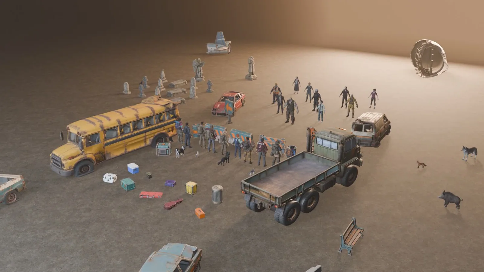 A post-apocalyptic assembly of survivors, wrecked vehicles, containers and creatures from the generated kits