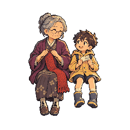 The grandmother knits and the boy swings his feet, looks for the train and gets a pat on the head, in a loop