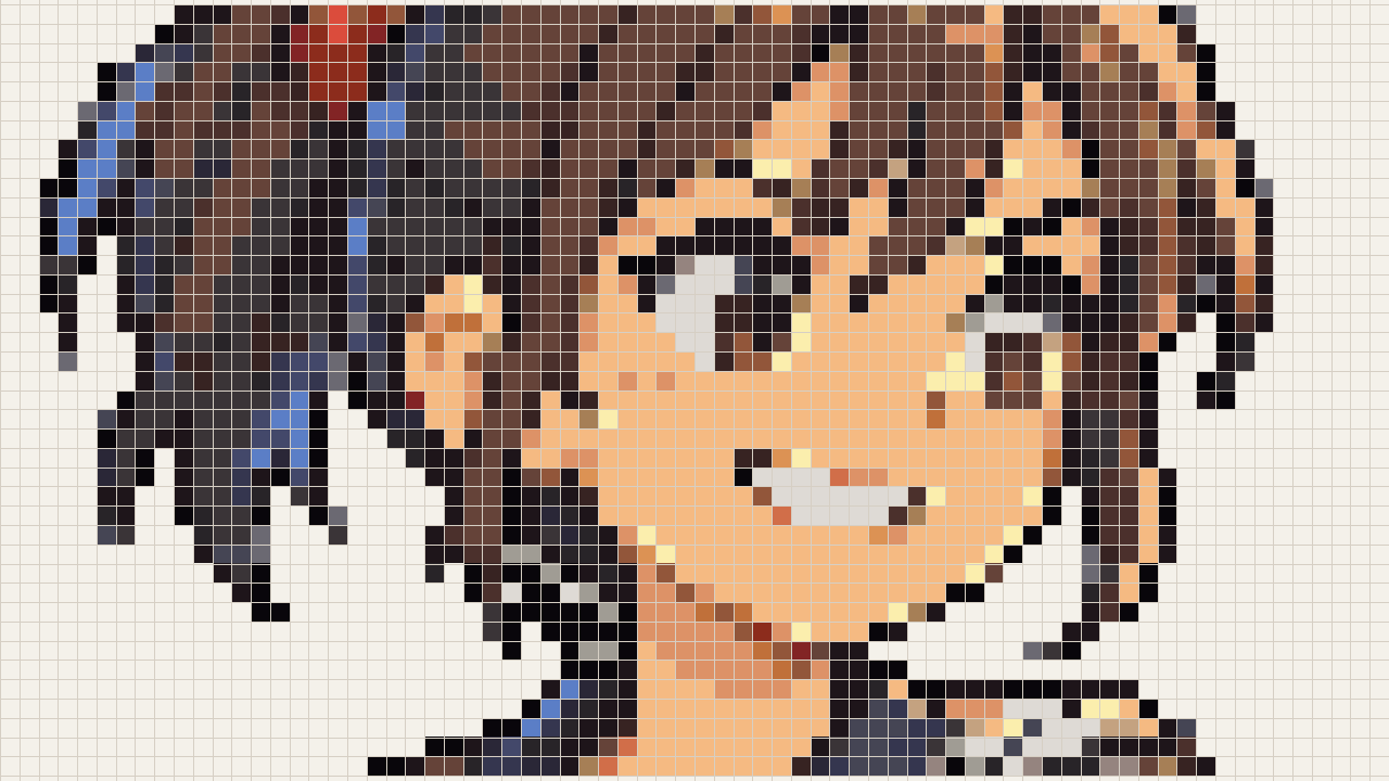 A close-up of her face with the grid drawn over it, each square one art pixel