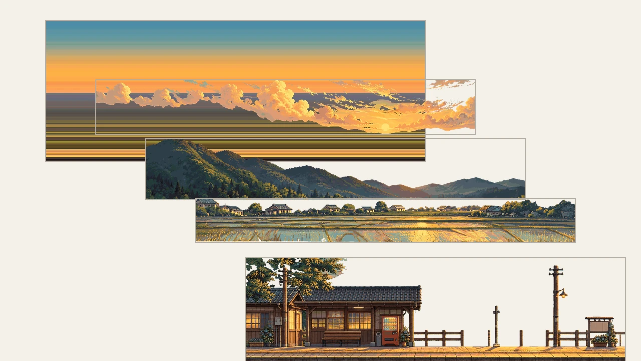 The station painting split into five stacked layers: sky, clouds, hills, rice fields and the platform