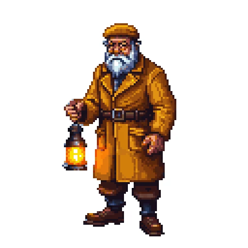 Retro Diffusion Plus, default style: a squat lighthouse keeper with a lantern on white