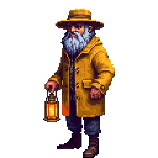 Retro Diffusion Plus, textured style: the keeper in a wide hat