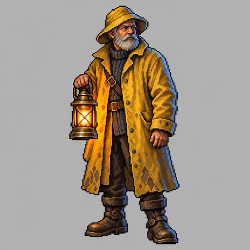 GPT Image 2.5 Sunburst: a detailed keeper in a yellow oilskin with a lit lantern