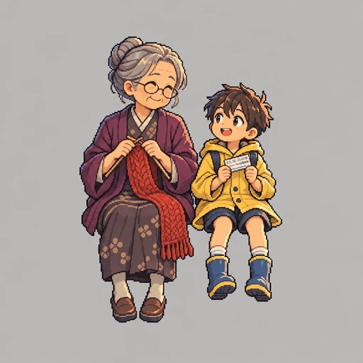 The still of the grandmother knitting and her grandson with a train ticket, sitting on nothing, on gray