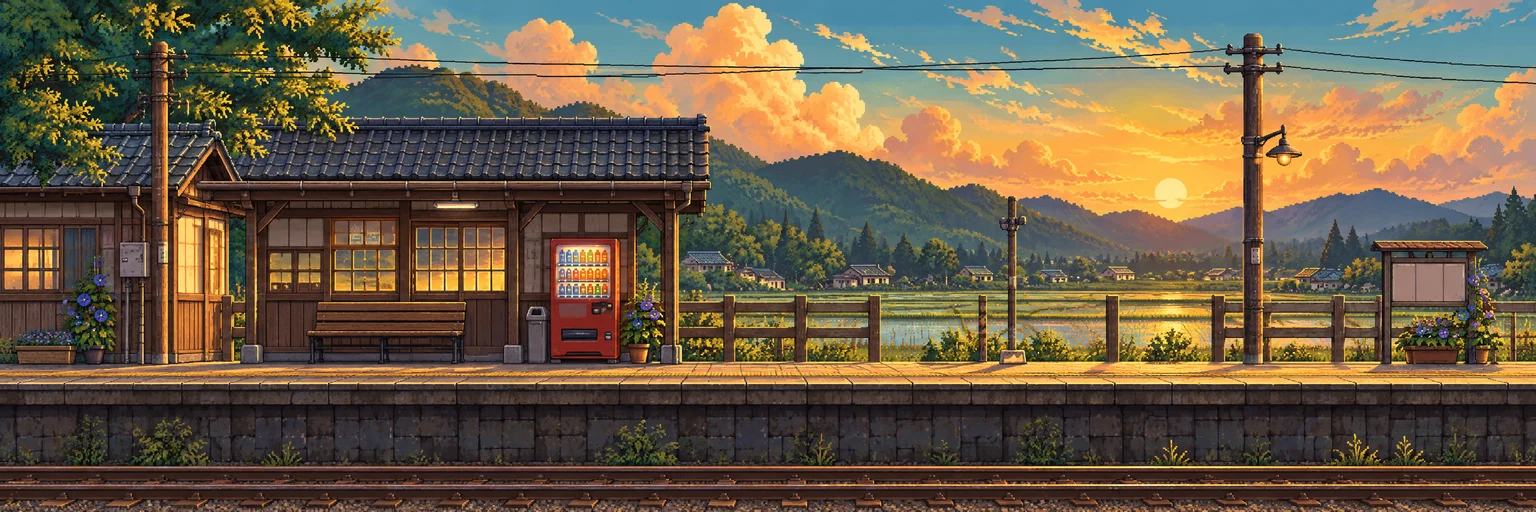 The station painting as GPT Image 2.5 returned it: a wide 3 to 1 panorama of a country platform at golden hour