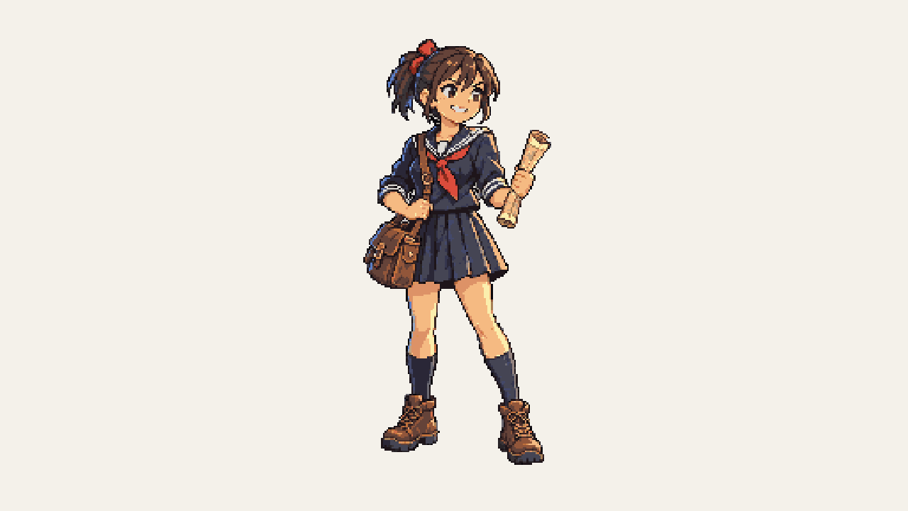 The courier sprite: a girl in a navy sailor uniform with a red scarf, a leather satchel and a scroll