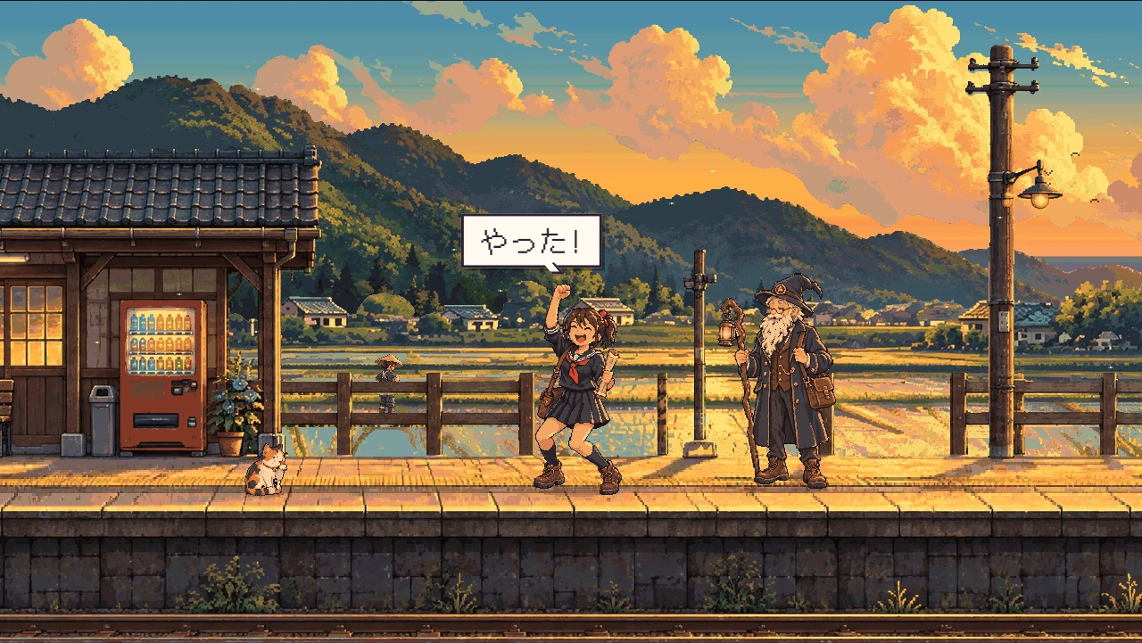 A wizard reads a scroll on the station platform while the courier waits