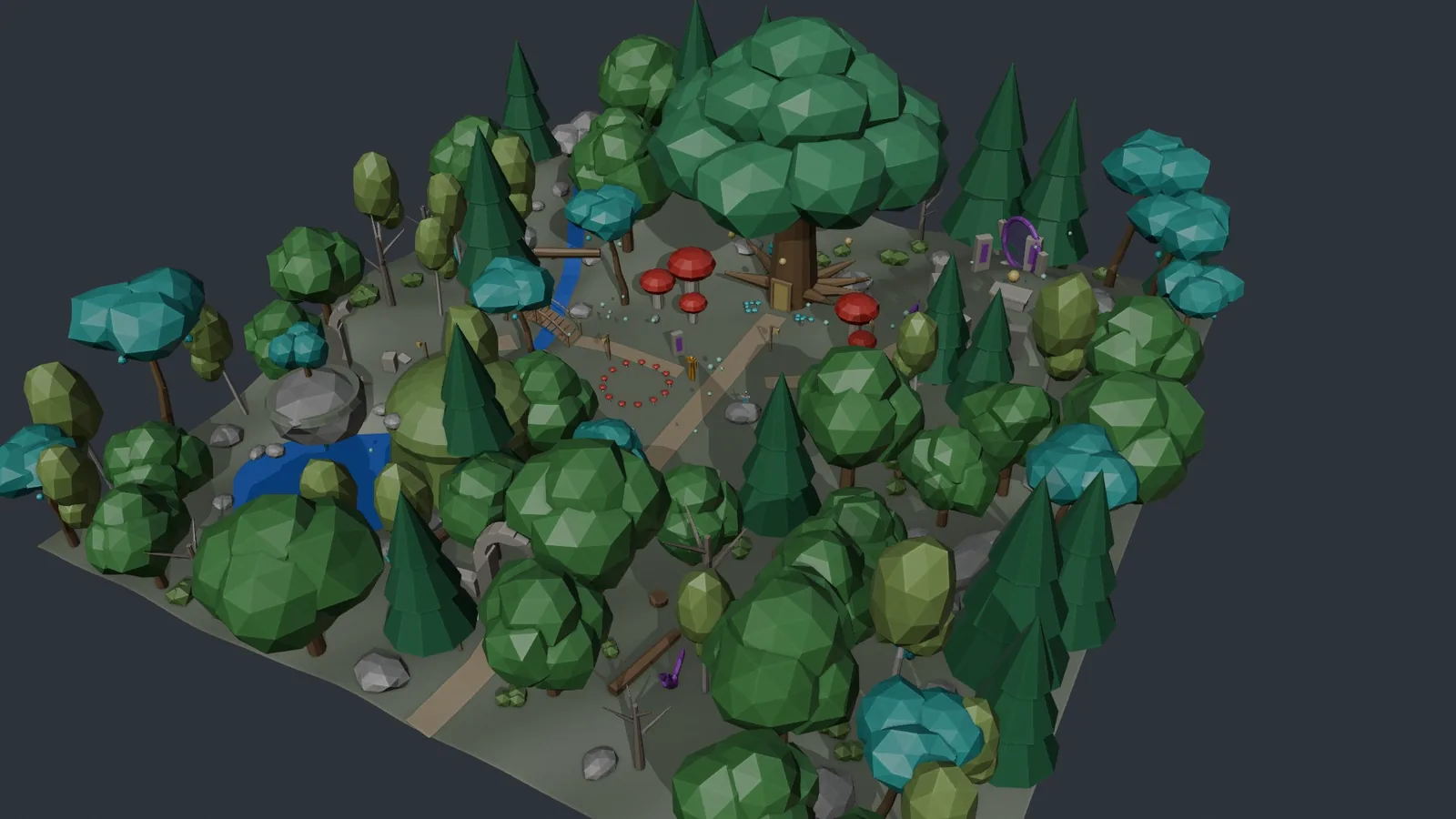 The forest blockout in Blender, coloured blocks at real scale