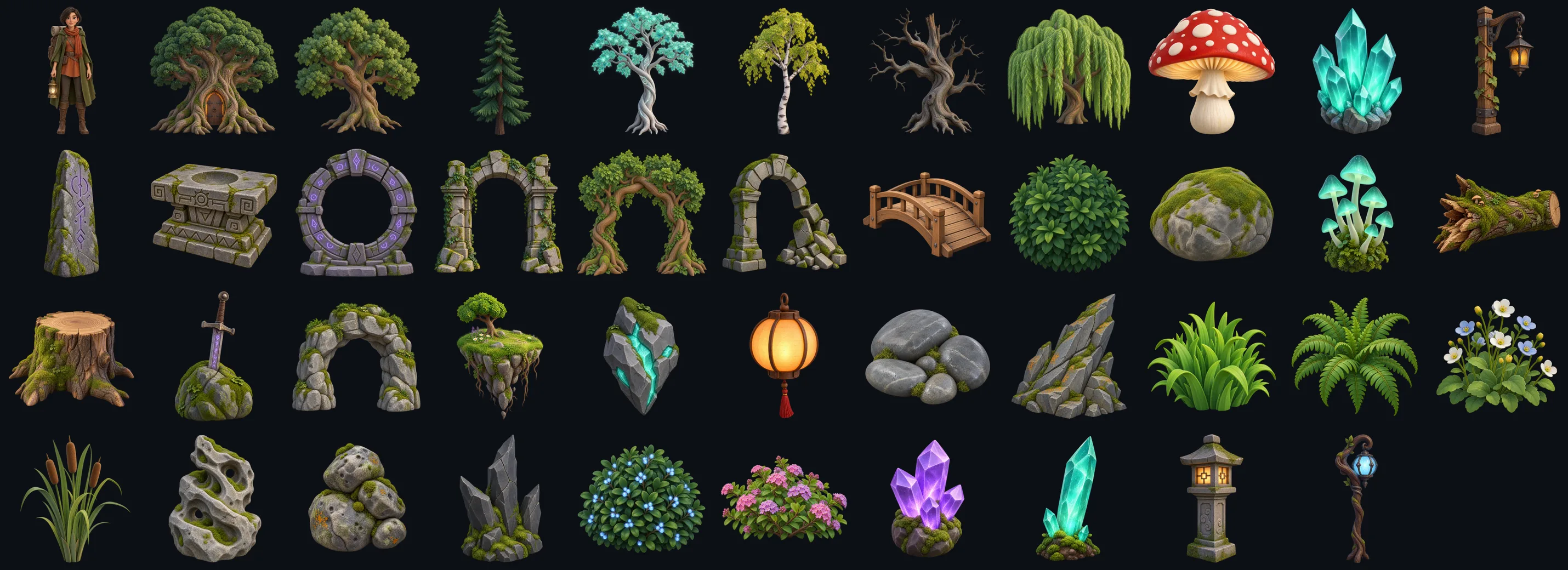 The 43 concept images, one per kind of object: trees, arches, rocks, crystals, lamps, mushrooms, the portal and the traveller