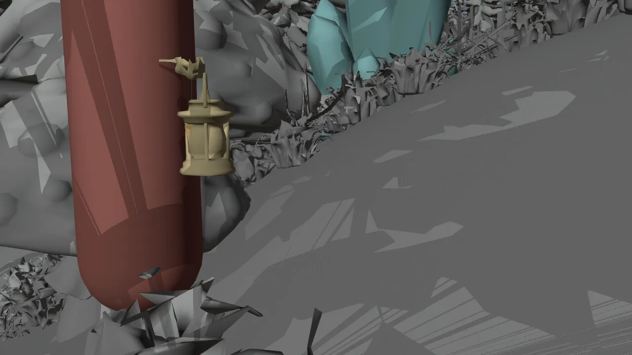 Cut 21 as a grey clay playblast, the traveller a red capsule