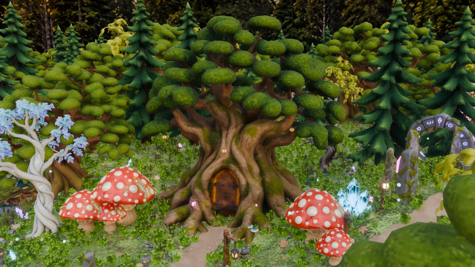 Inside the dome in Blender's Material Preview: the great tree with its door, red mushrooms, the stone portal and the trail