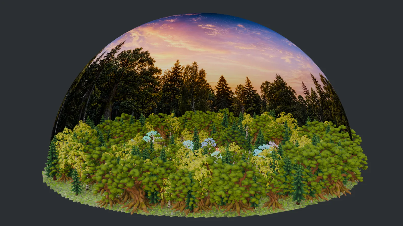 The set seen from outside the sky dome in Blender: the near half of the dome is hidden, the far half shows the dusk clearing panorama behind the ring of trees