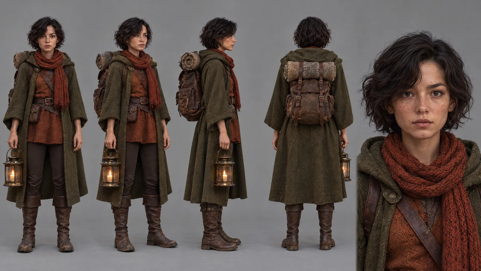 Reference sheet of the traveller: front, three-quarter, profile, back and face
