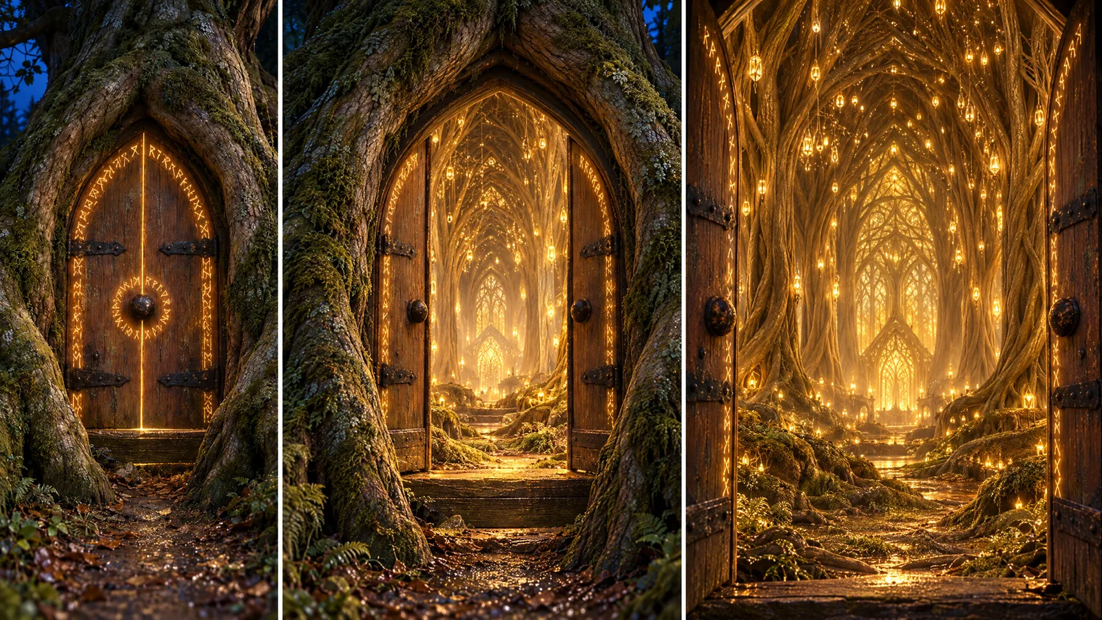 Reference sheet of the door, open onto a golden forest