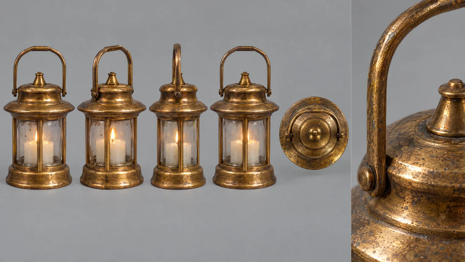 Reference sheet of the brass lantern from four angles
