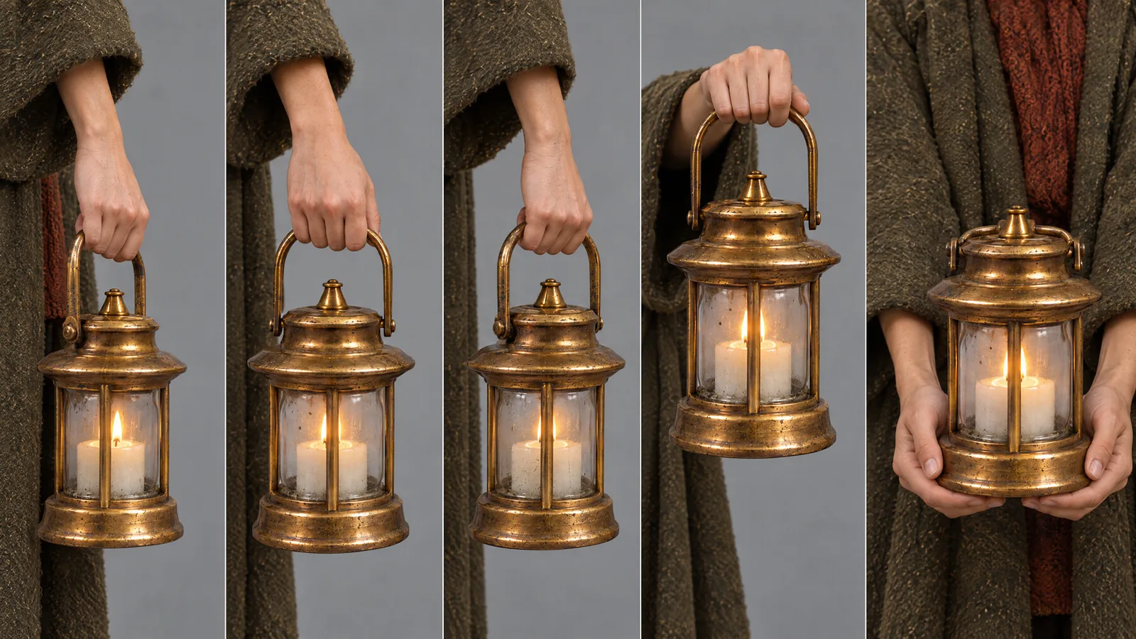 Hand poses with the lantern: lowered, raised and offered in both hands