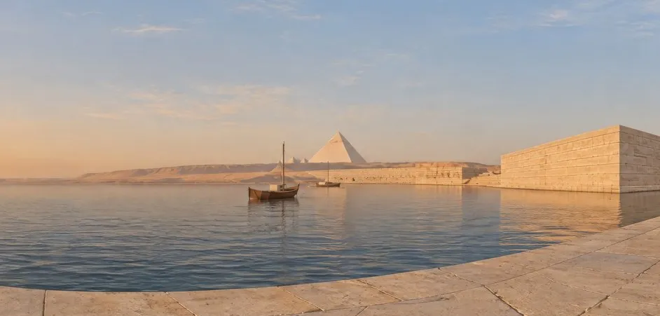 The harbour below the Giza plateau at dawn, around 2560 BC: a painted stop view