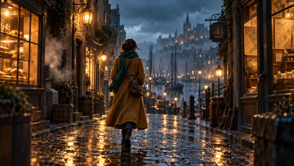 Key art of a woman in a mustard coat walking down a wet harbour street