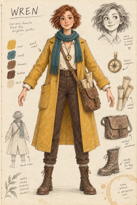 Hand-drawn concept sheet of Wren with colour swatches, sketches and her satchel and boots