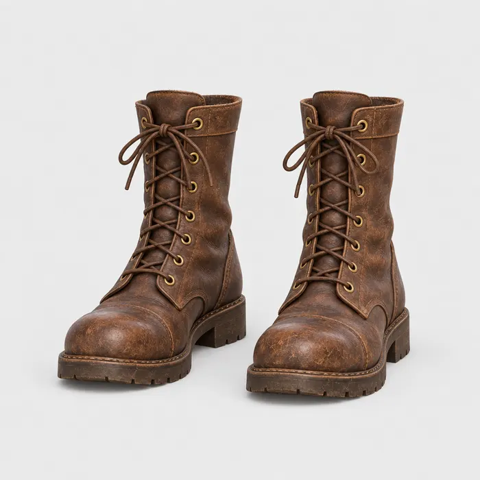 A pair of worn brown lace-up boots