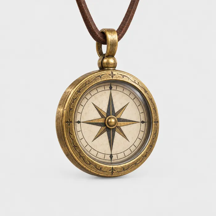 A brass compass on a leather cord