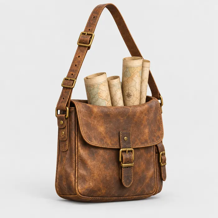 A leather satchel holding rolled maps