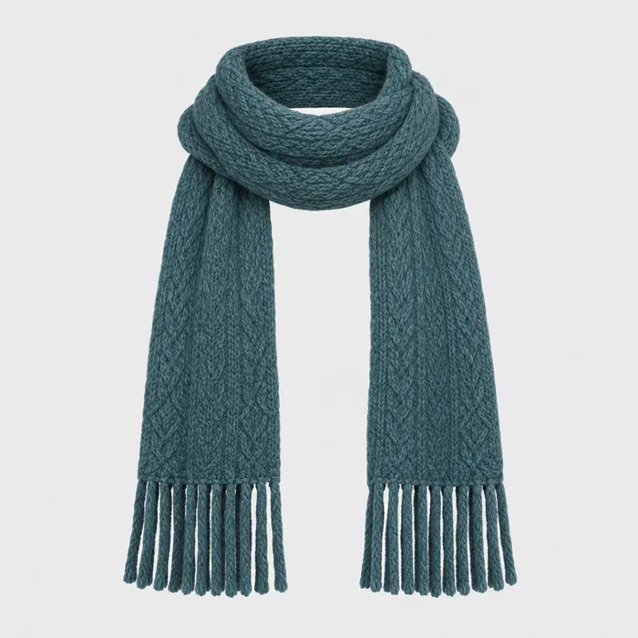 A teal knitted scarf with fringes