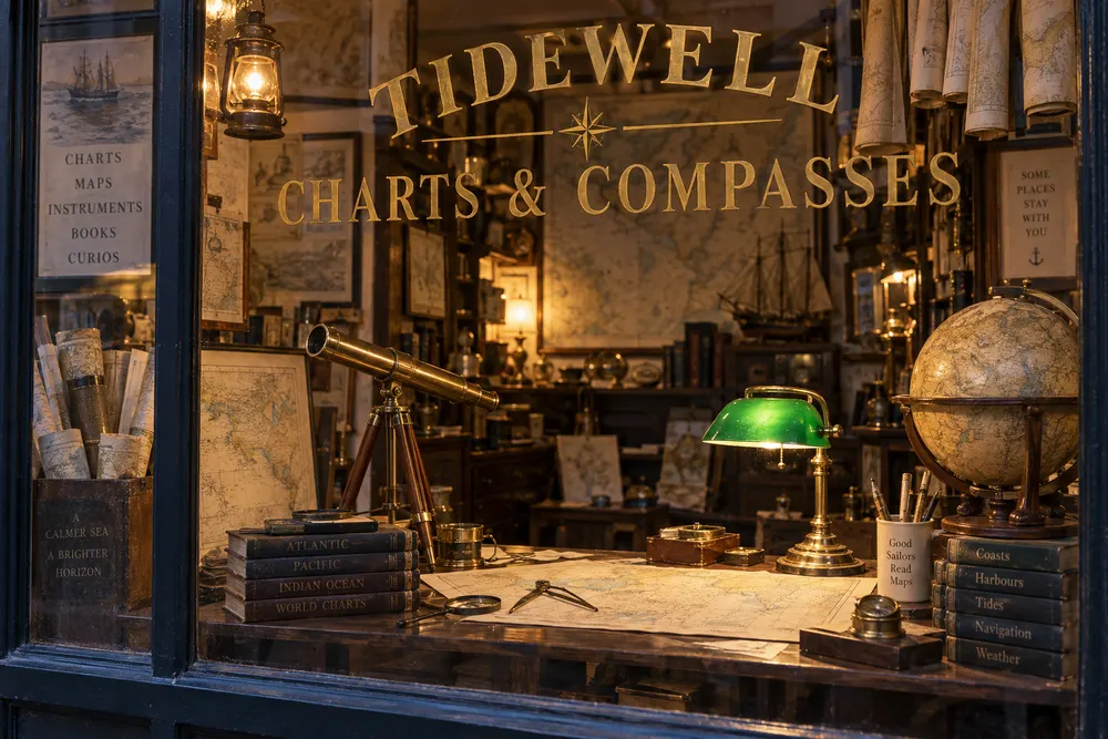 Tidewell Charts and Compasses shop window with globes and a green lamp