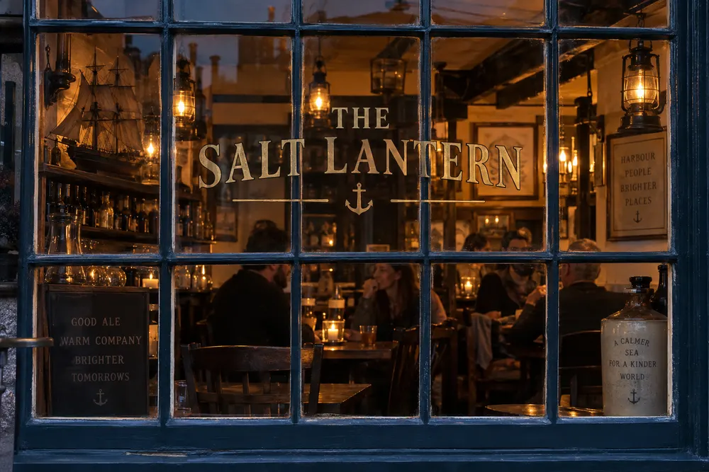 The Salt Lantern tavern window, warm inside