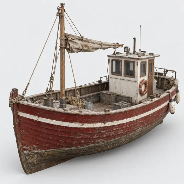 A small red wooden fishing boat