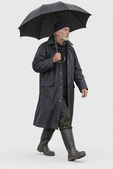 A man in a dark raincoat under a black umbrella