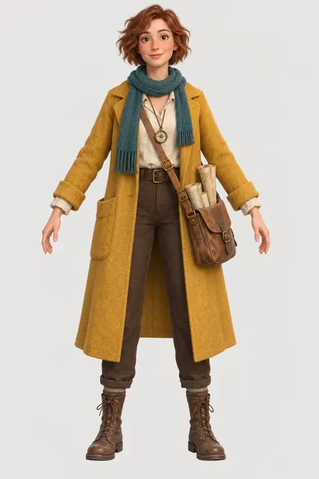 Wren in an A-pose: auburn curls, teal scarf, long mustard coat, satchel, boots