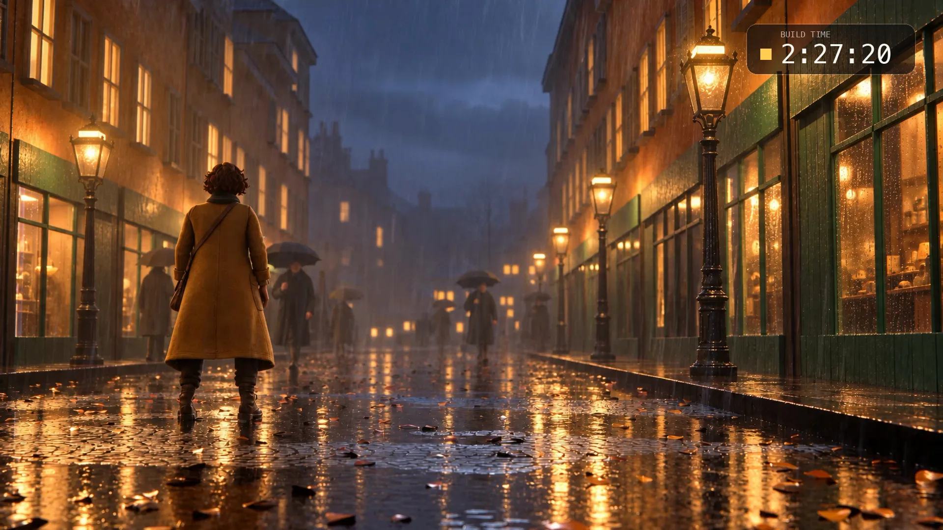A young woman in a long mustard coat walks away down a rainy lantern-lit harbour street at dusk, a build clock in the corner stopped at 2:27:20