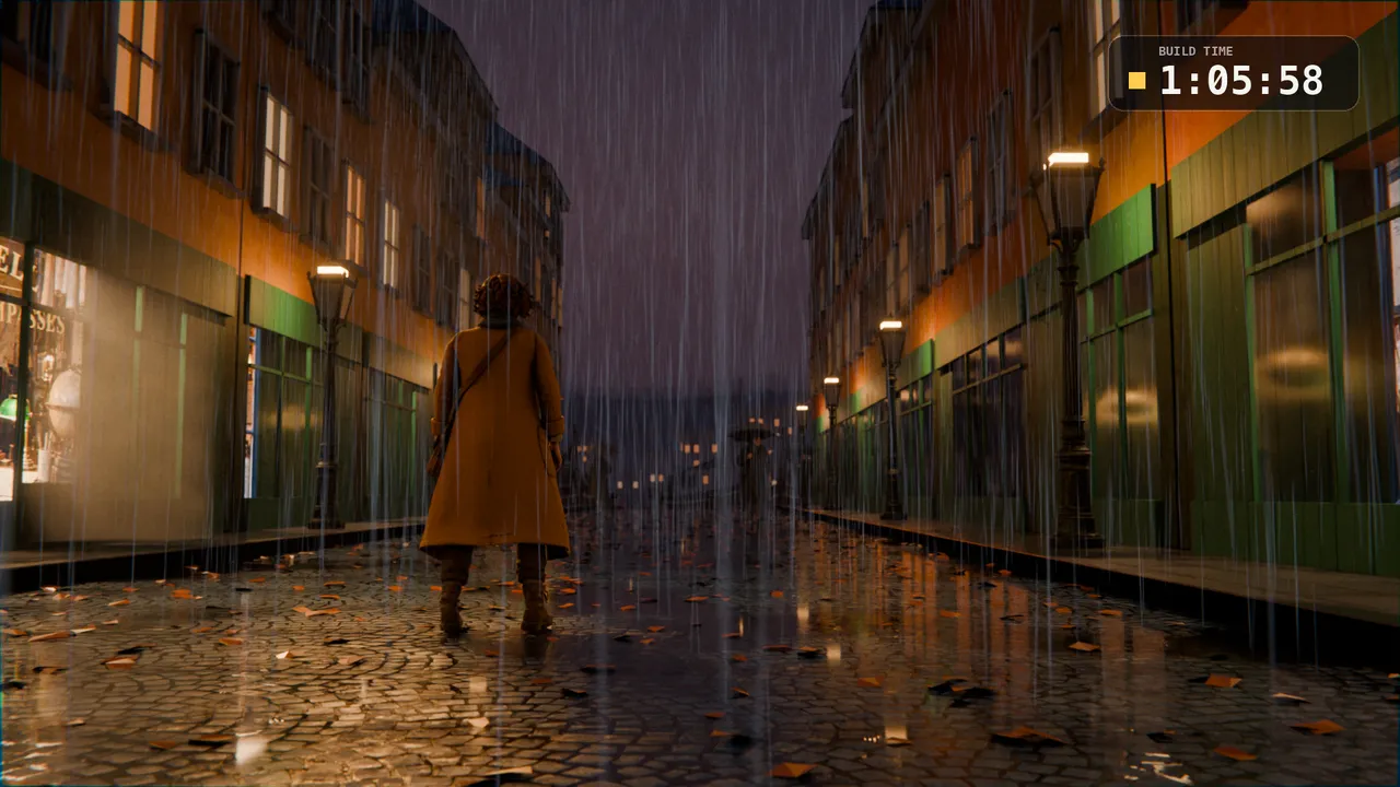 Version 1: a flat purple street, the rain like vertical bars, the camera dead centre