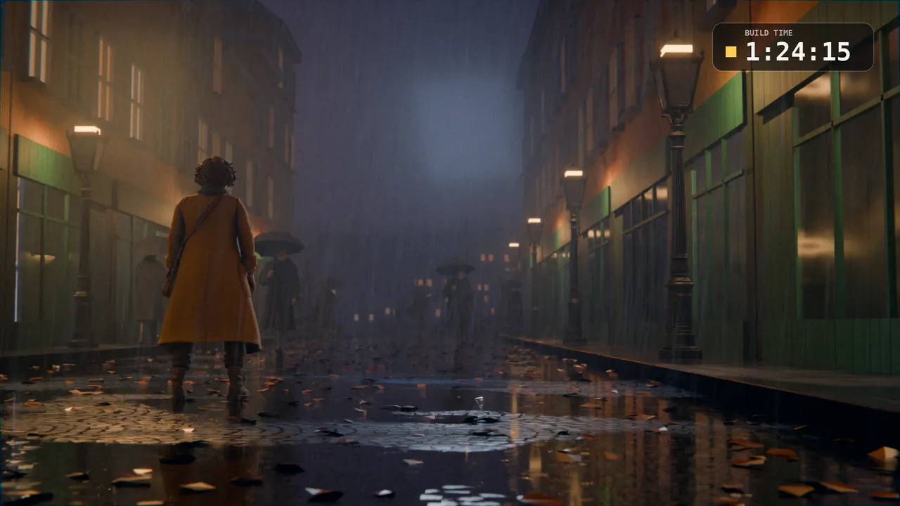 Version 2: teal haze, Wren on the left third, a grey box of fog at the street end