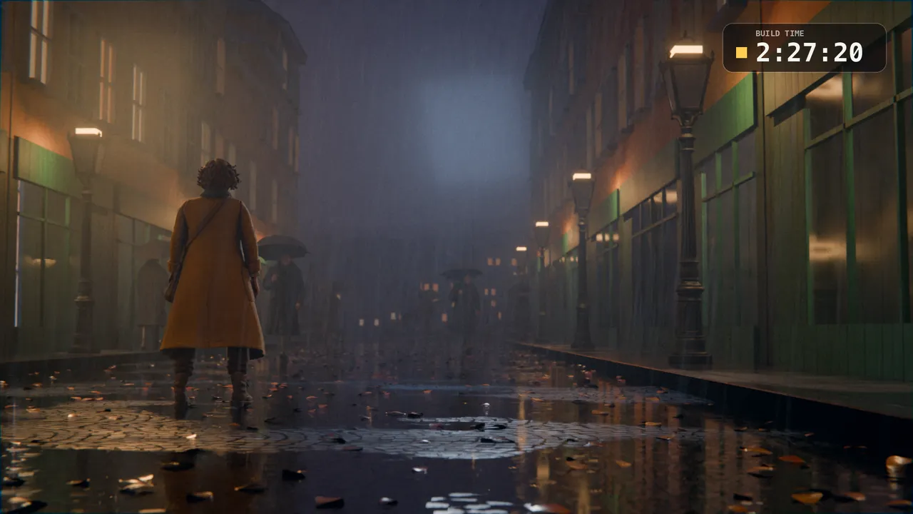 Version 3: haze fading with height and distance, lanterns glowing, puddles reflecting