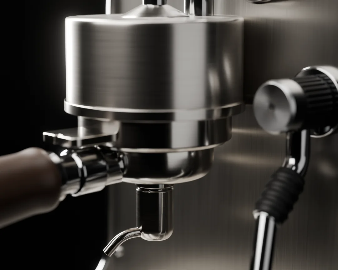 Macro of the group head, portafilter and spout