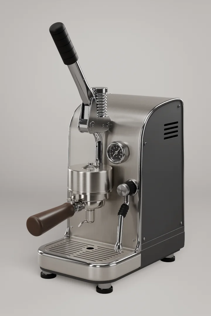 Espresso machine, three-quarter render on a light studio