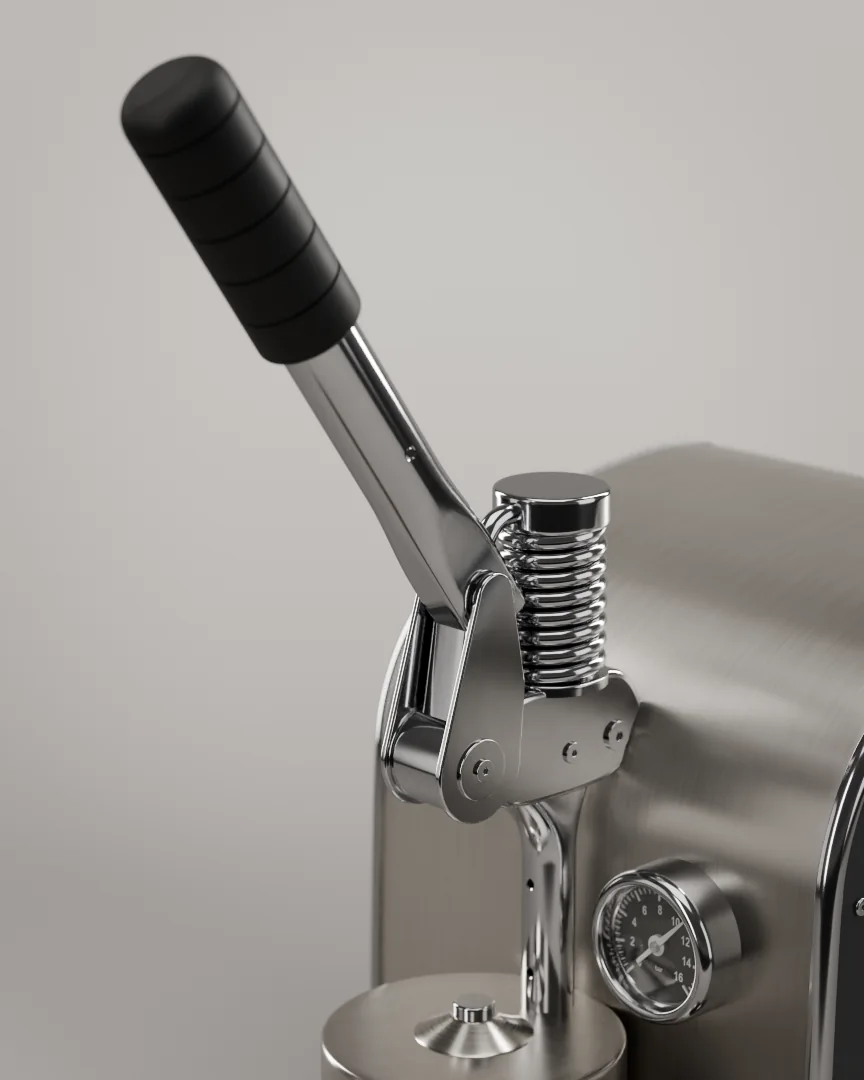 Close-up of the lever linkage, spring and pressure gauge