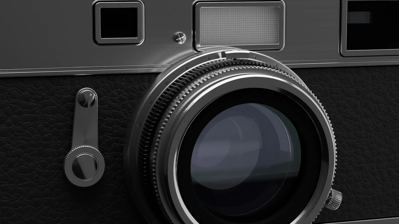 Lens close-up: knurled focus ring, chrome depth-of-field ring, timer lever